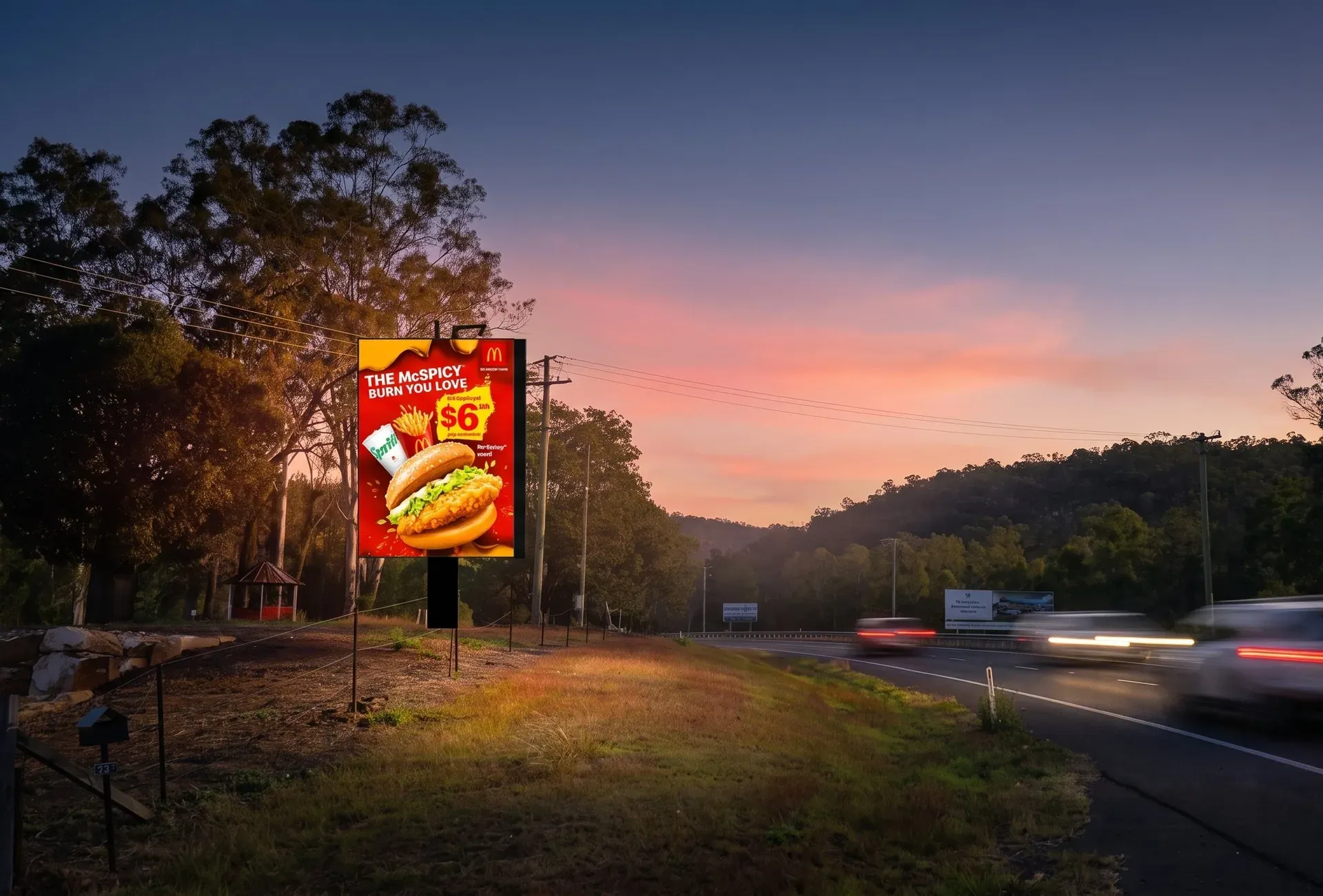 Nighttime view of the inbound Ace of Advertising digital billboard lit on the Toowoomba Range.